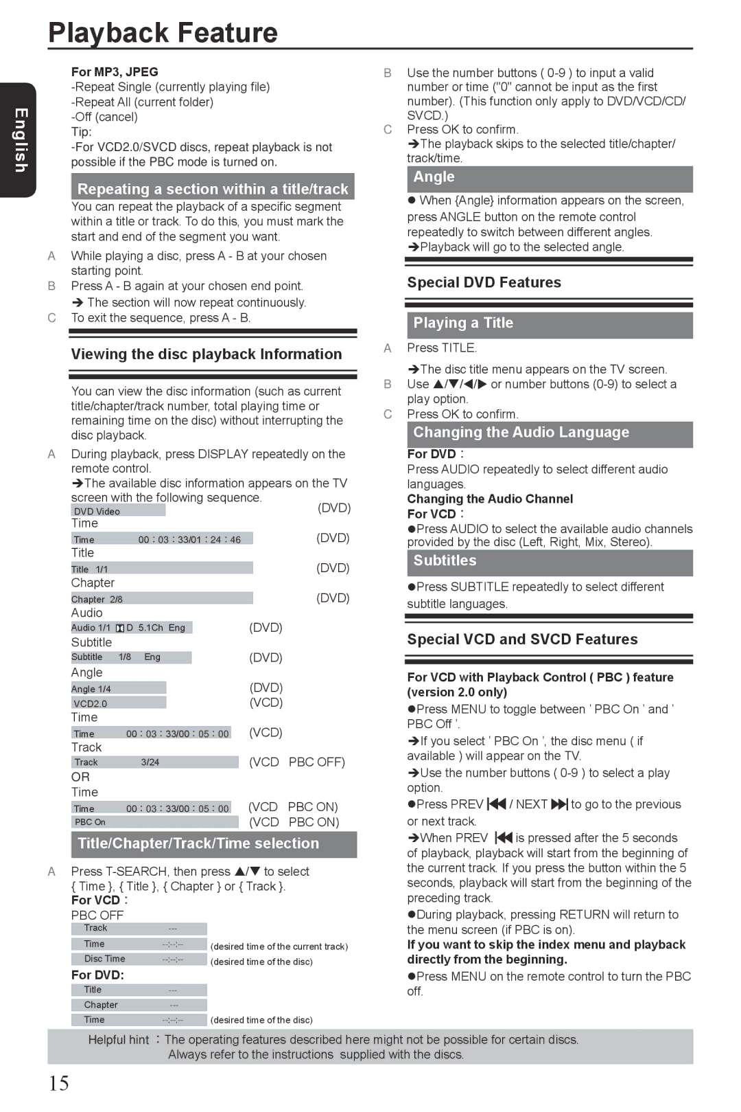 Toshiba SD4300KU Repeating a section within a title/track, Title/Chapter/Track/Time selection, Angle, Playing a Title 