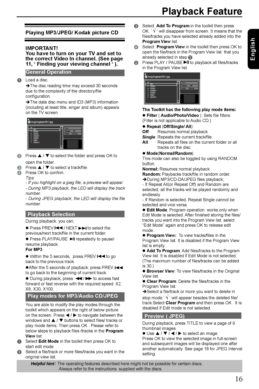 Toshiba SD4300 Playing MP3/JPEG/ Kodak picture CD, General Operation, Playback Selection, Play modes for MP3/Audio CD/JPEG 