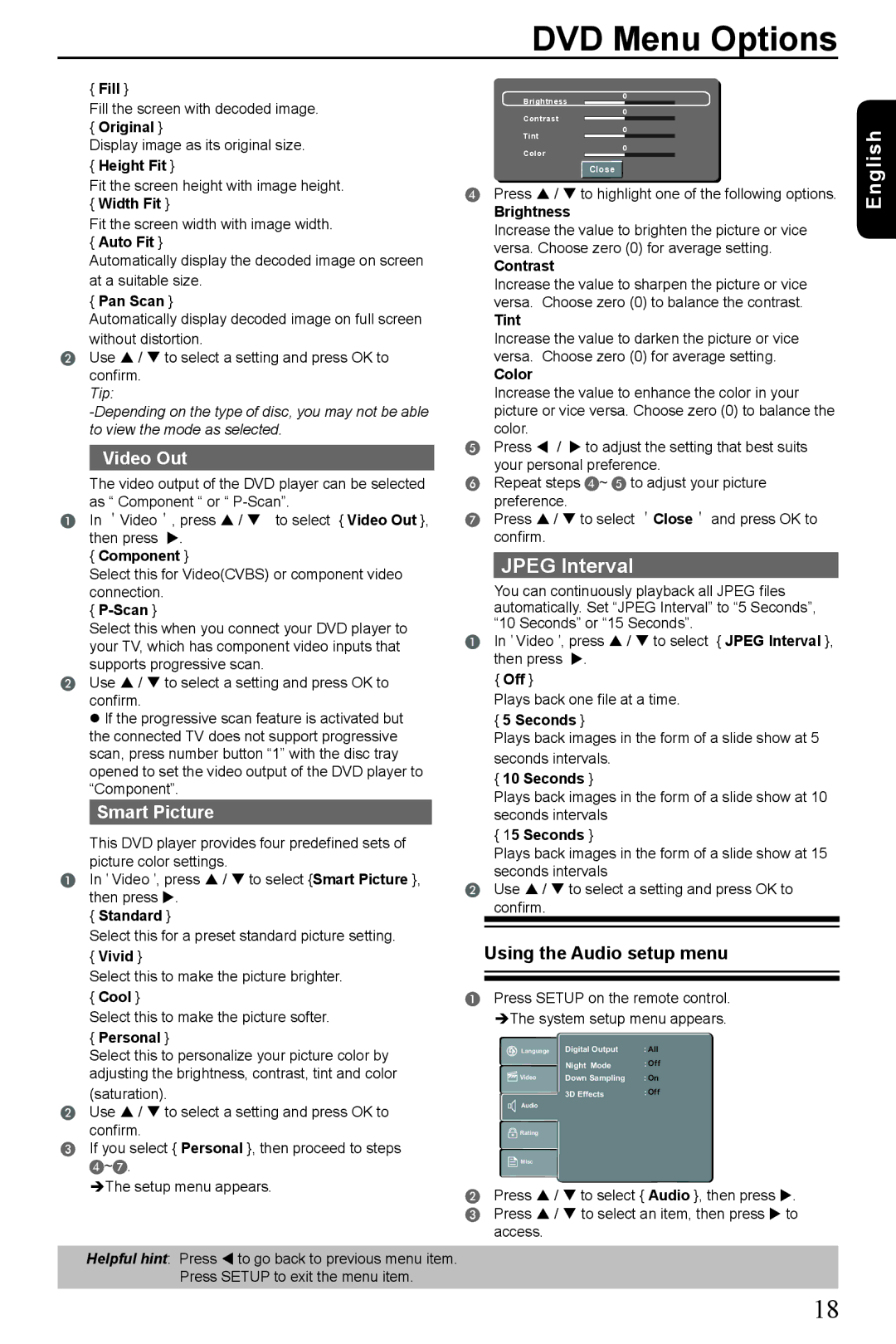 Toshiba SD4300KU manual DVD Menu Options, Video Out, Smart Picture, Using the Audio setup menu 