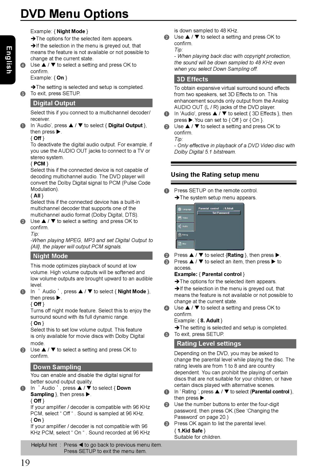 Toshiba SD4300KU manual Digital Output, 3D Effects, Night Mode, Down Sampling, Rating Level settings 