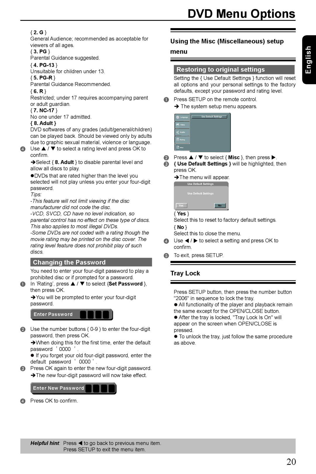 Toshiba SD4300 Changing the Password, Using the Misc Miscellaneous setup menu, Restoring to original settings, Tray Lock 