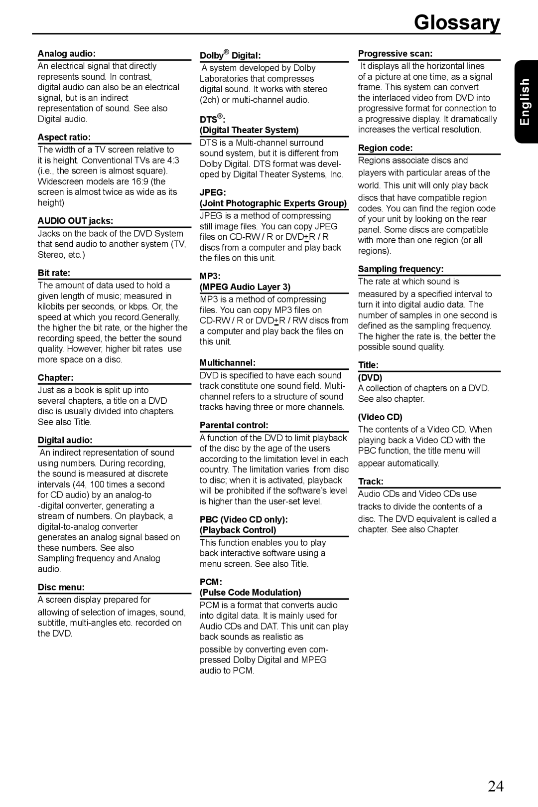 Toshiba SD4300KU manual Glossary 