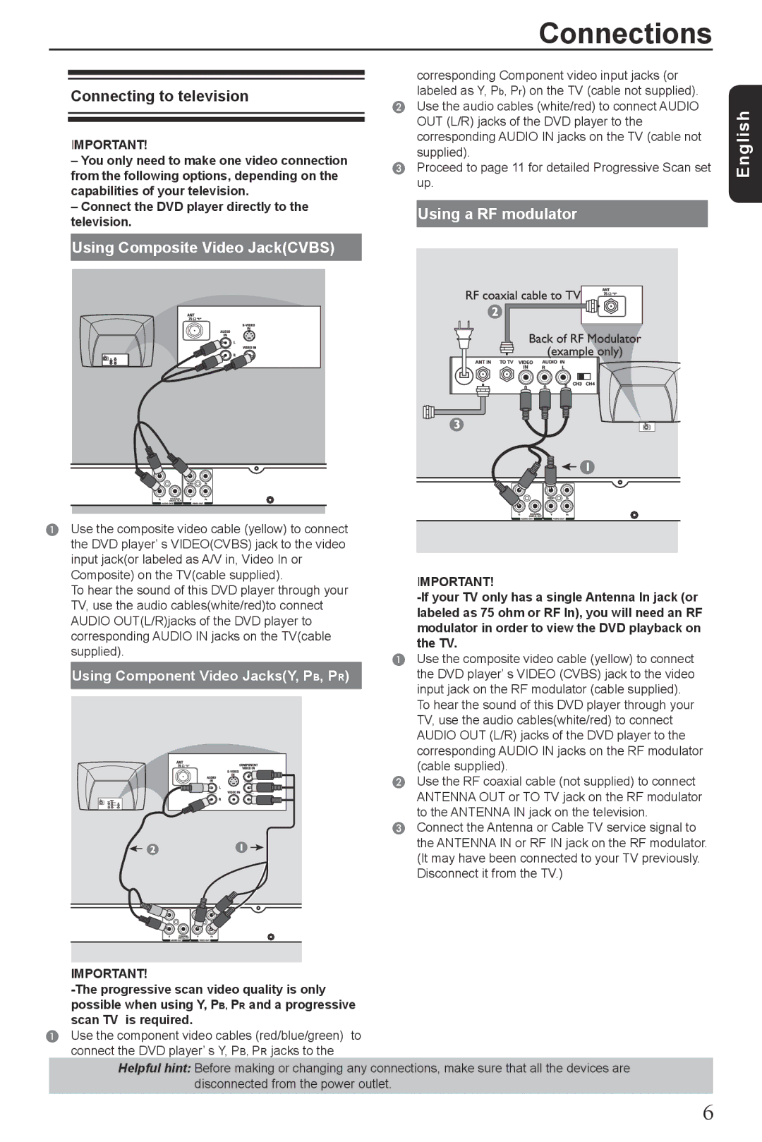 Toshiba SD4300KU manual Connections, Connecting to television, Using Composite Video JackCVBS, Using a RF modulator 