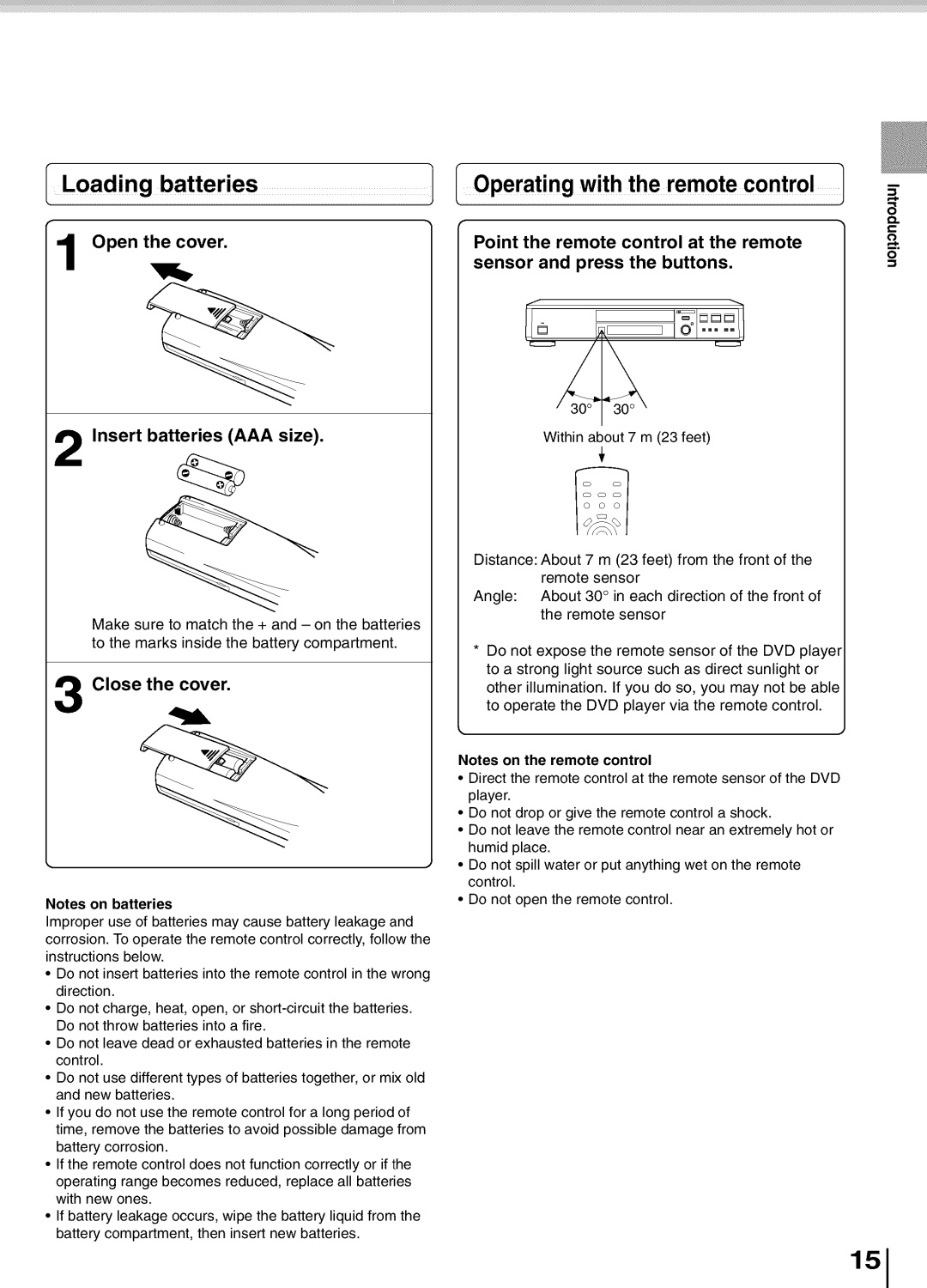 Toshiba SD5700 manual Loading batteries 0perating with the remote control, Close the cover 