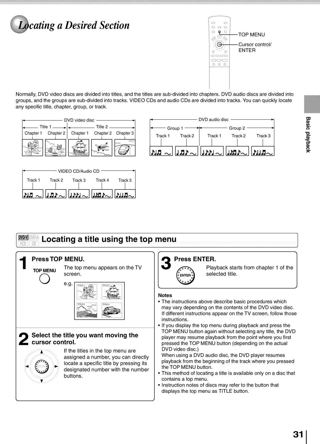 Toshiba SD5700 manual Press TOP Menu, Select the title you want moving the cursor control, Press Enter 