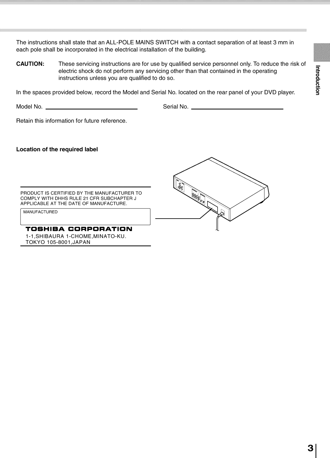 Toshiba SD5700 manual Location of the required label 