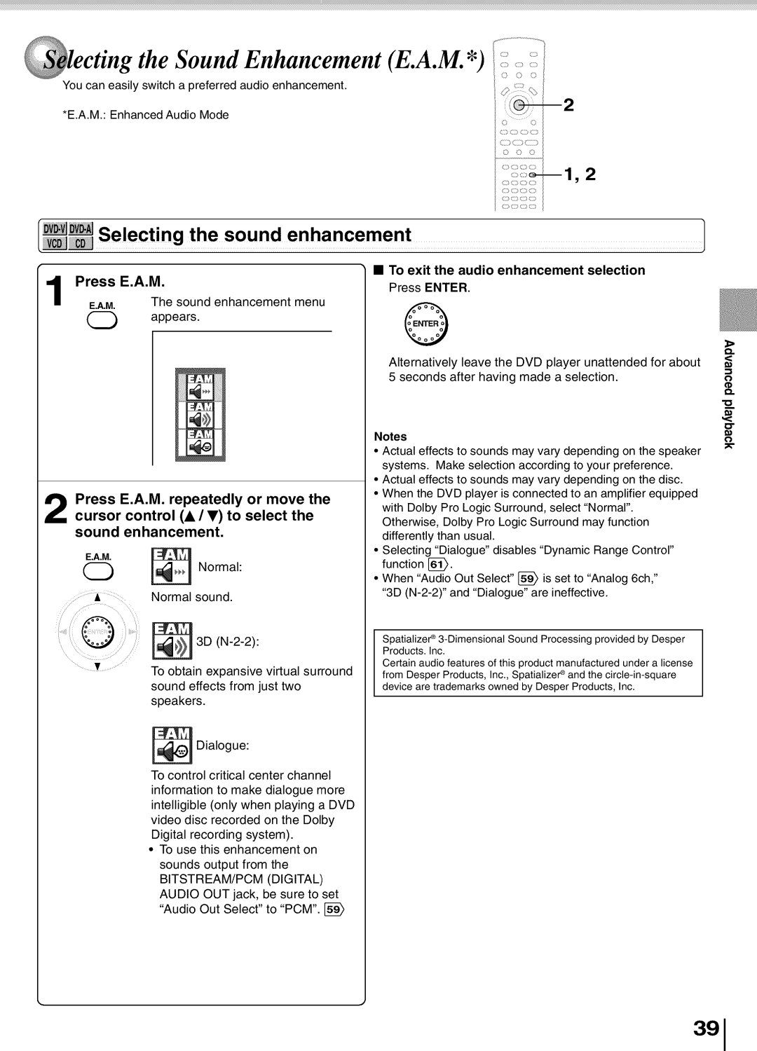 Toshiba SD5700 manual Cting the Sound Enhancement E.A.M, Press E.A.M, To exit the audio enhancement Selection 