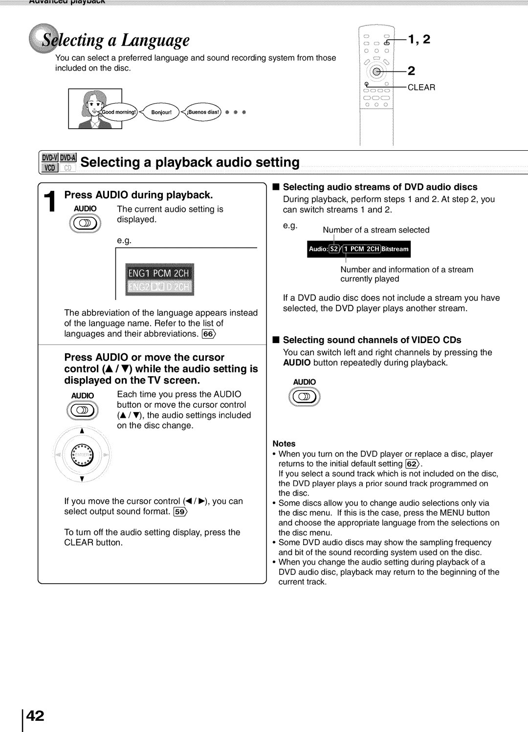 Toshiba SD5700 Press Audio during playback, Audio The current audio setting is, Selecting audio streams of DVD audio discs 