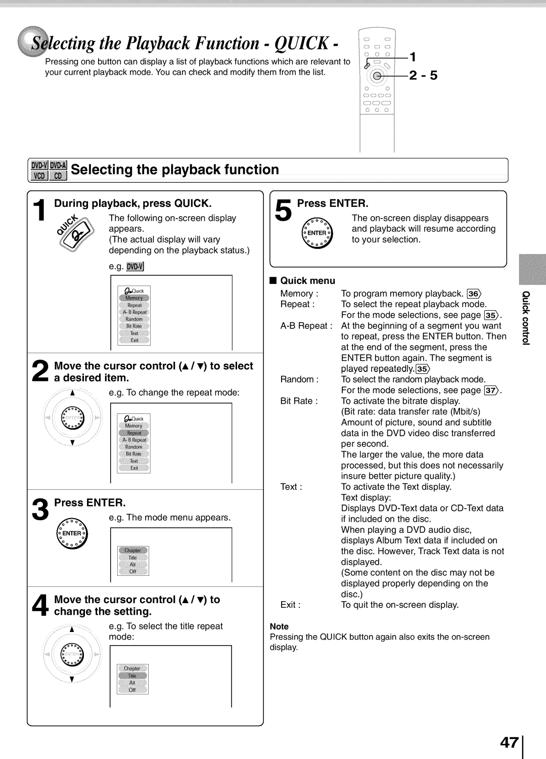 Toshiba SD5700 manual Cting the Playback Function Quick, During playback, press Quick, Text 