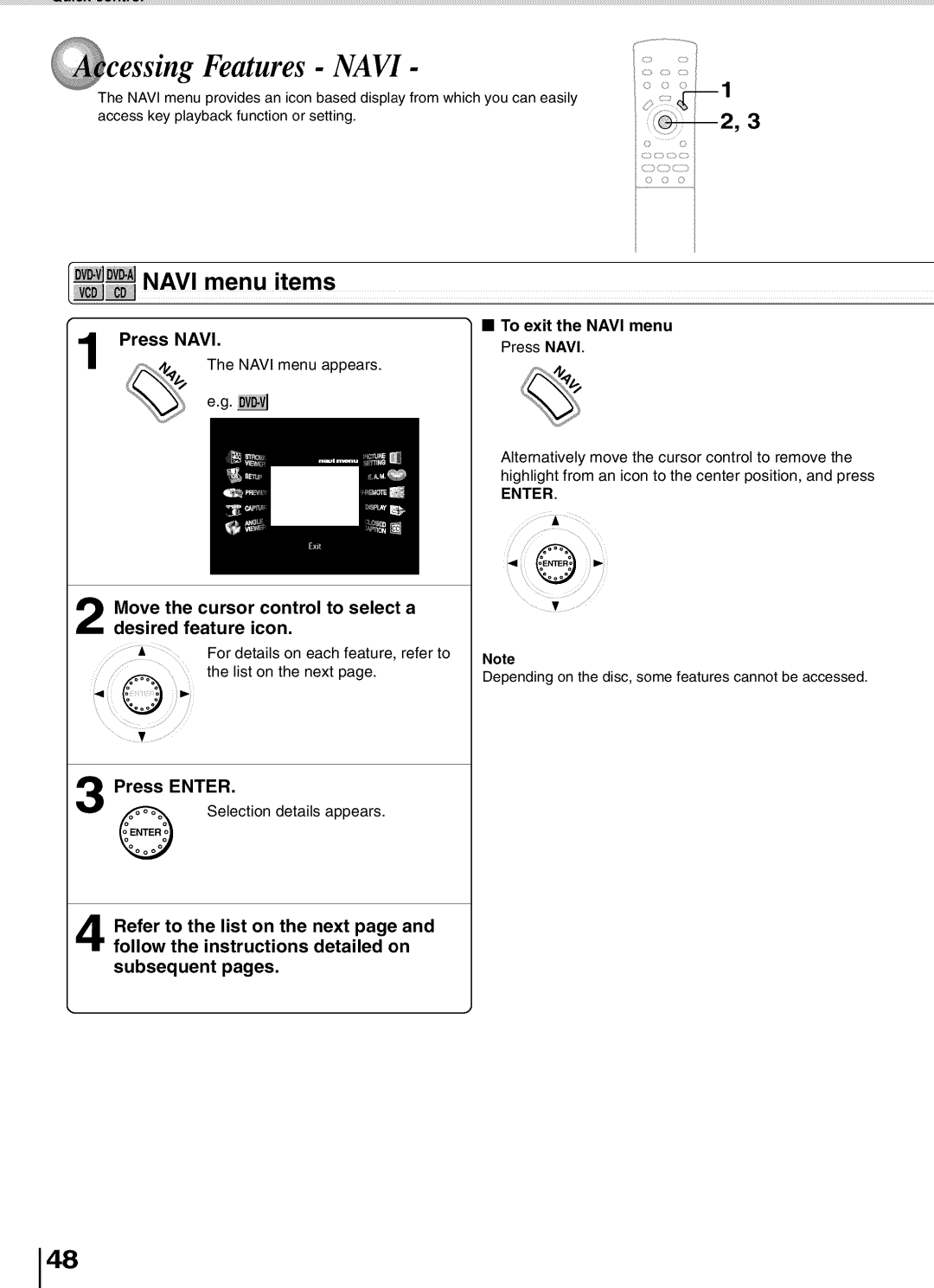 Toshiba SD5700 manual Cessing Features Navi, Press Navi, Move the cursor control to select a desired feature icon 