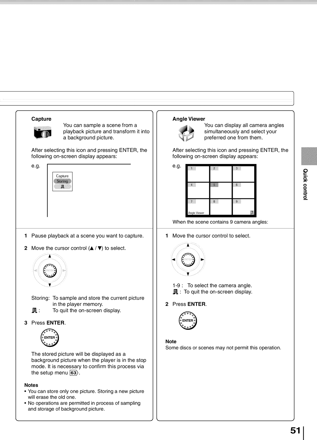 Toshiba SD5700 manual Capture, Angle Viewer, To select the camera angle To quit the on-screen display 