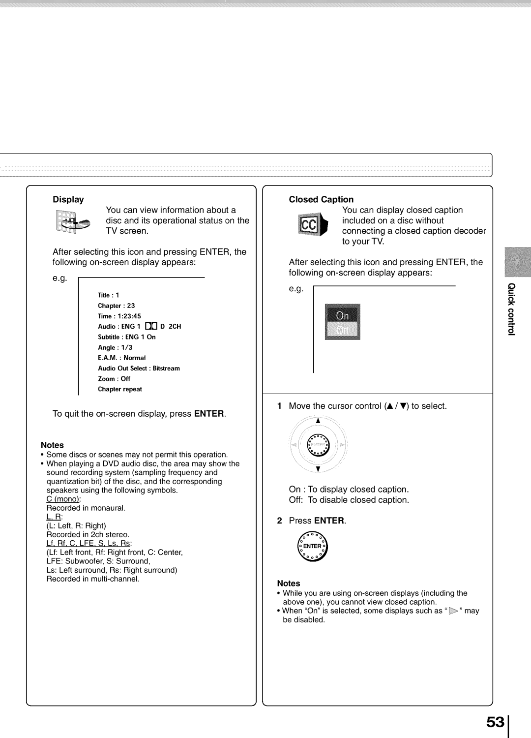 Toshiba SD5700 manual Move the cursor control a / T to select, To quit the on-screen display, press Enter 