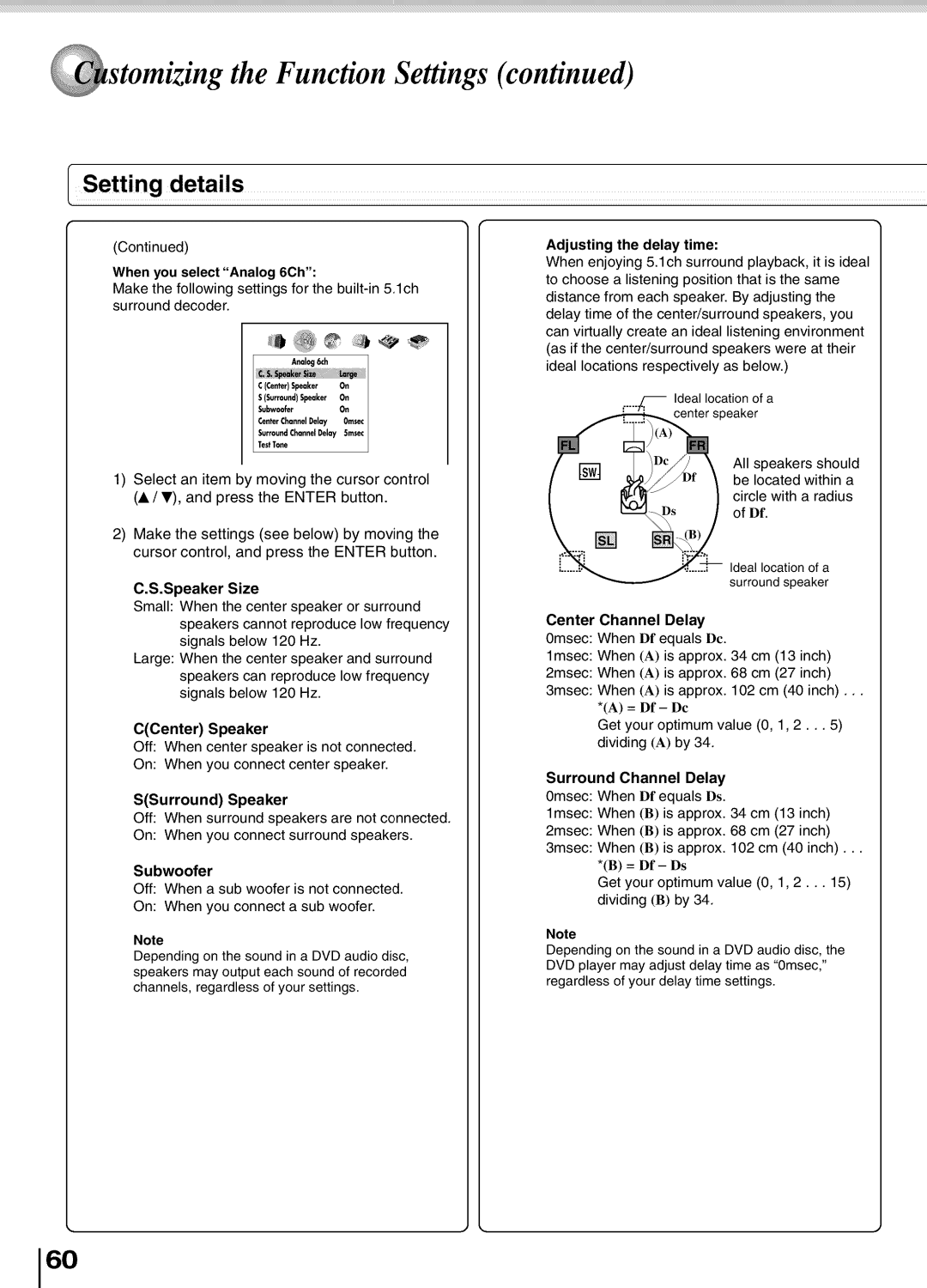 Toshiba SD5700 CCenter Speaker, SSurround Speaker, Adjusting the delay time, Center Channel Delay, Surround Channel Delay 