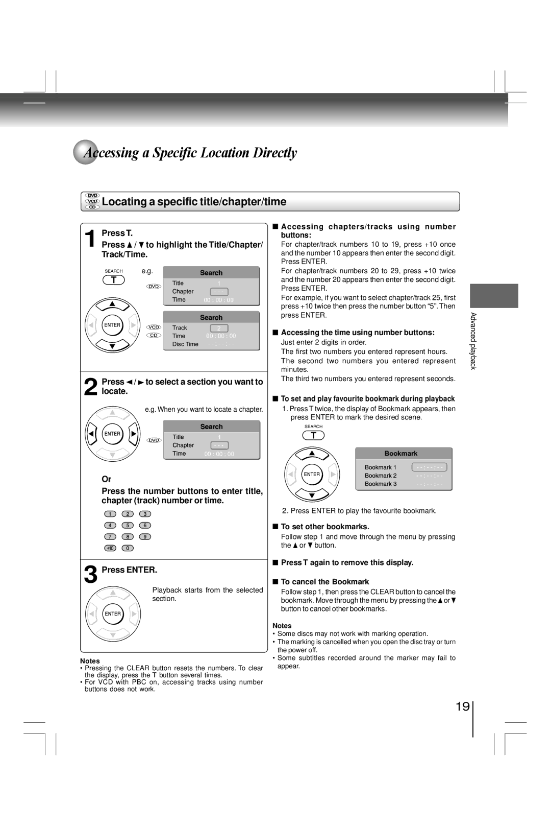 Toshiba SD800KY manual Accessing a Specific Location Directly, Locating a specific title/chapter/time 