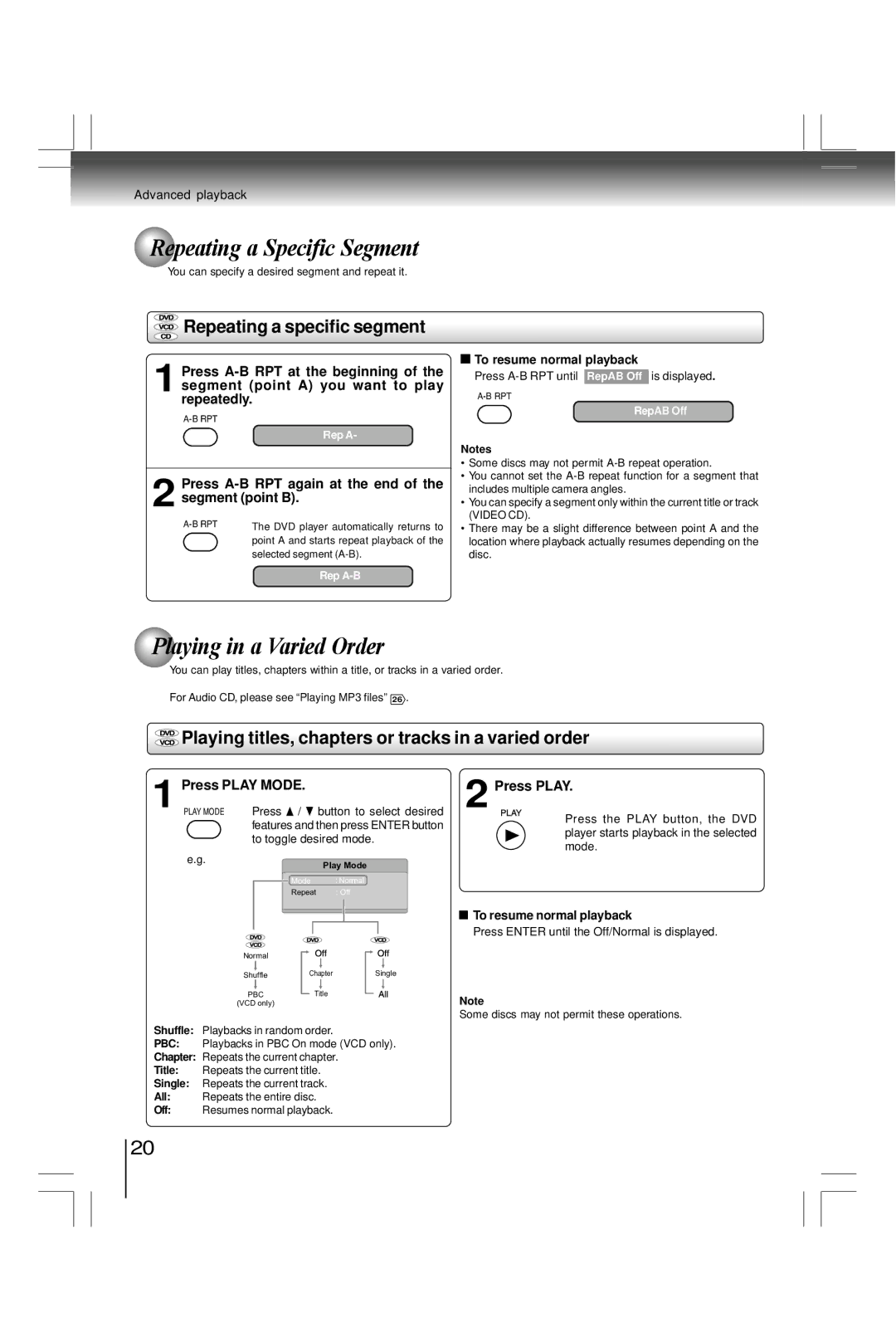 Toshiba SD800KY manual Playing in a Varied Order, Repeating a specific segment, Press Play Mode 