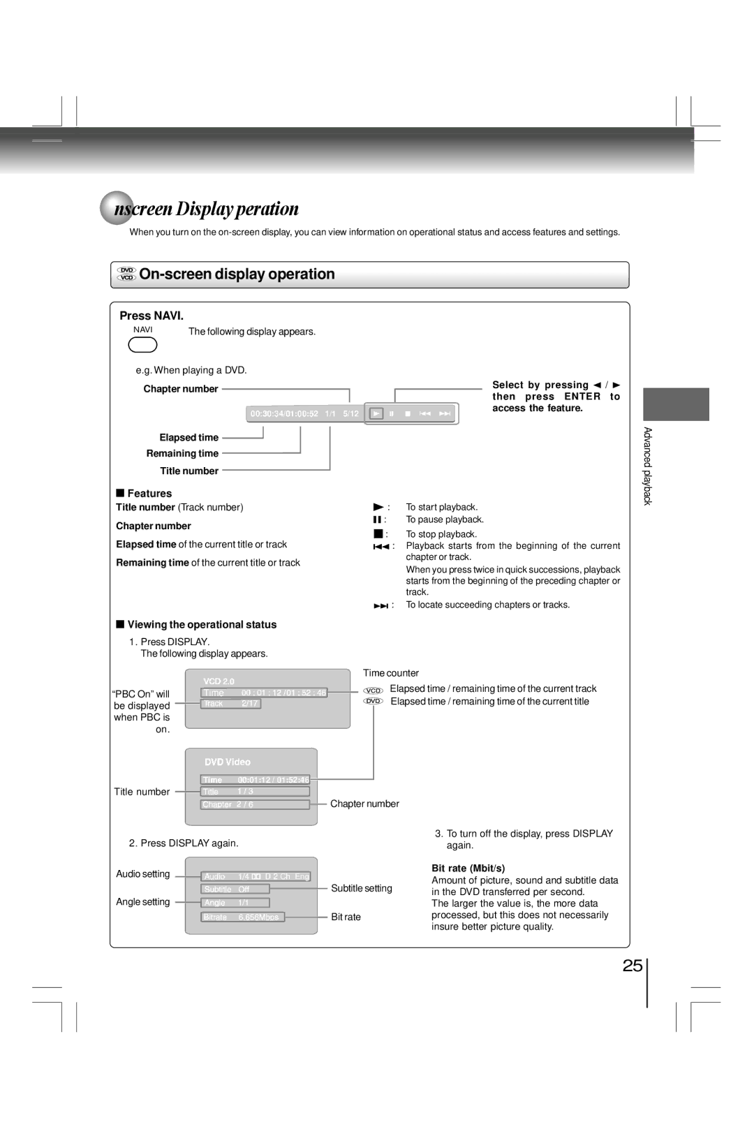 Toshiba SD800KY manual On-screen Display Operation, On-screen display operation, Press Navi 