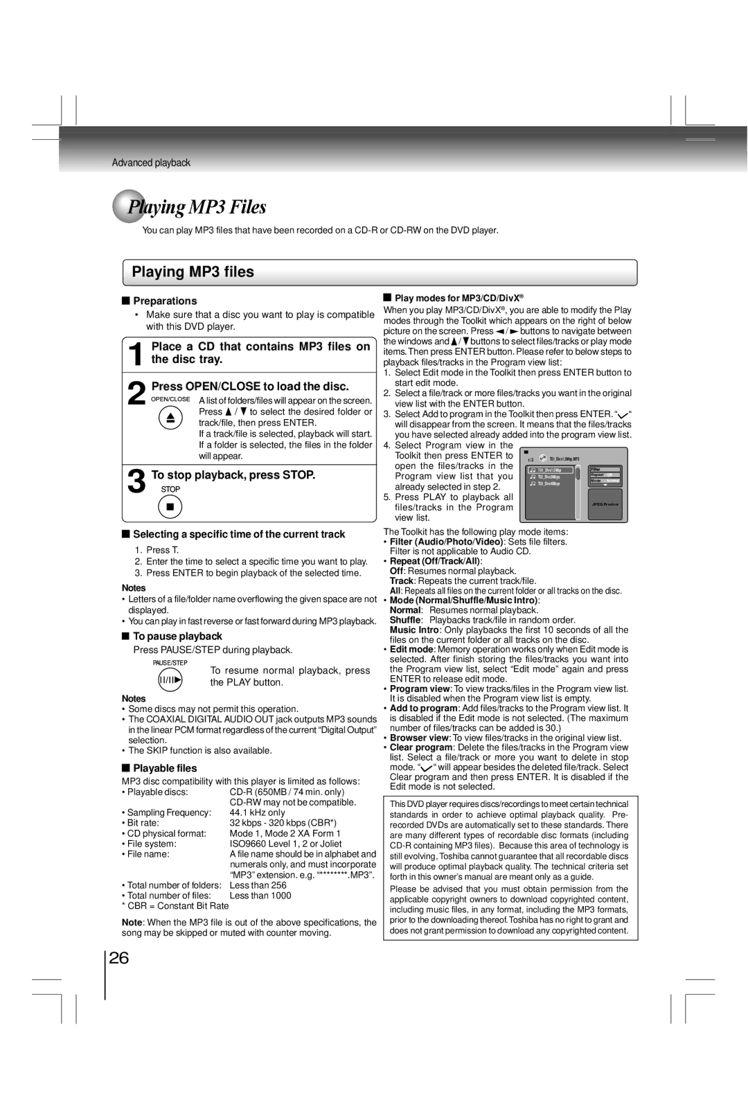 Toshiba SD800KY manual Playing MP3 Files, Playing MP3 files, To stop playback, press Stop 