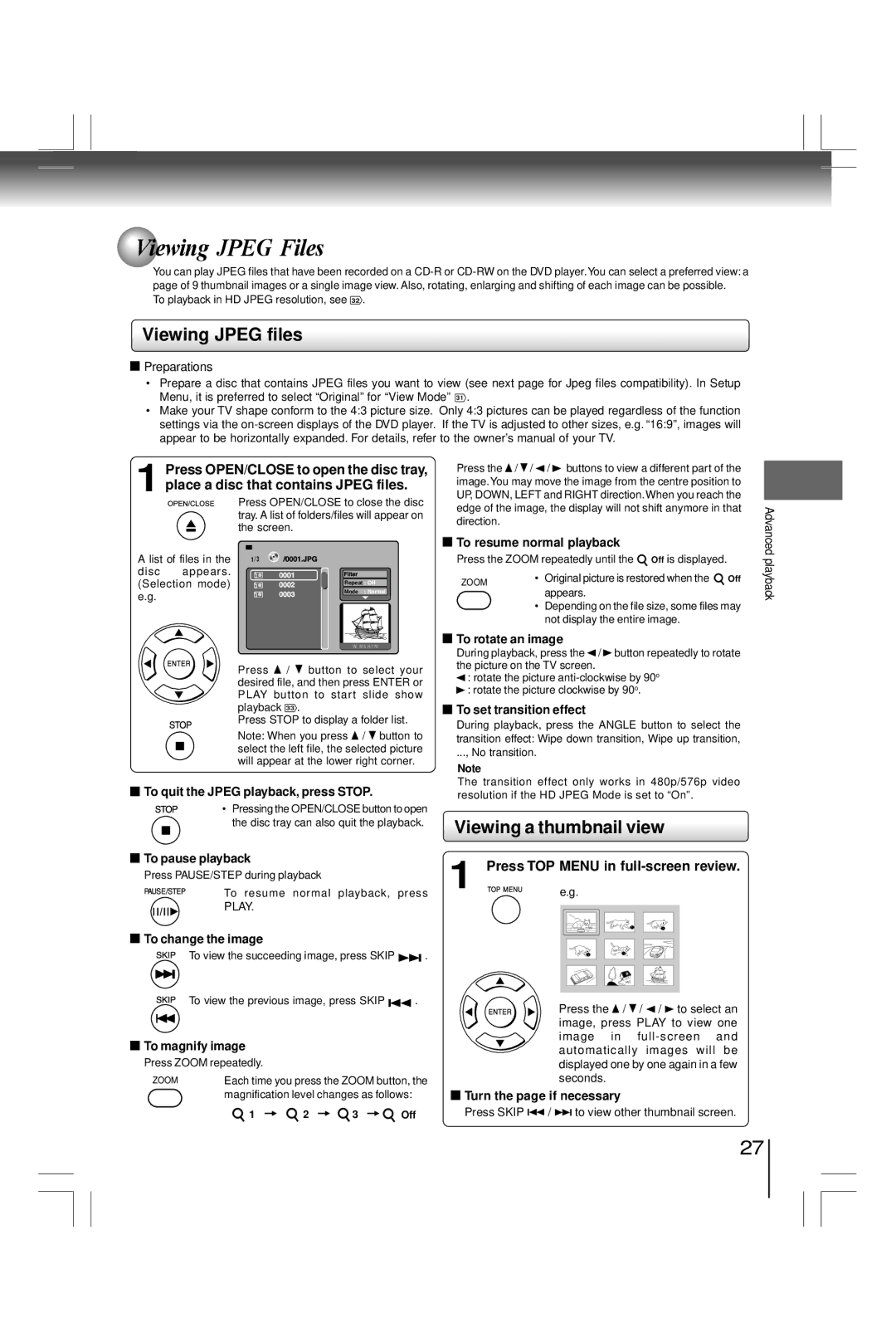 Toshiba SD800KY manual Viewing Jpeg Files, Viewing Jpeg files, Viewing a thumbnail view 