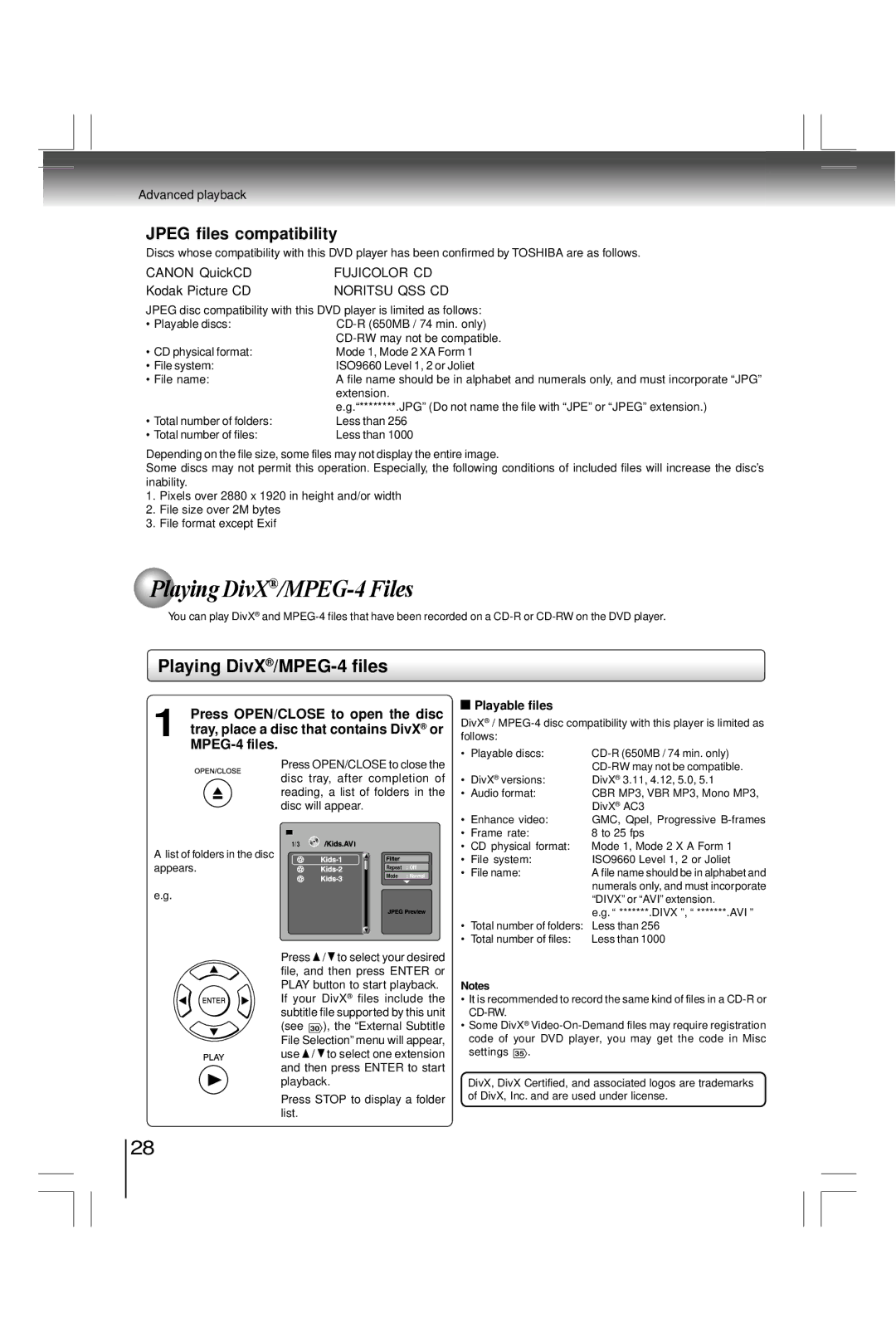 Toshiba SD800KY manual Playing DivX/MPEG-4 Files, Playing DivX /MPEG-4 files 