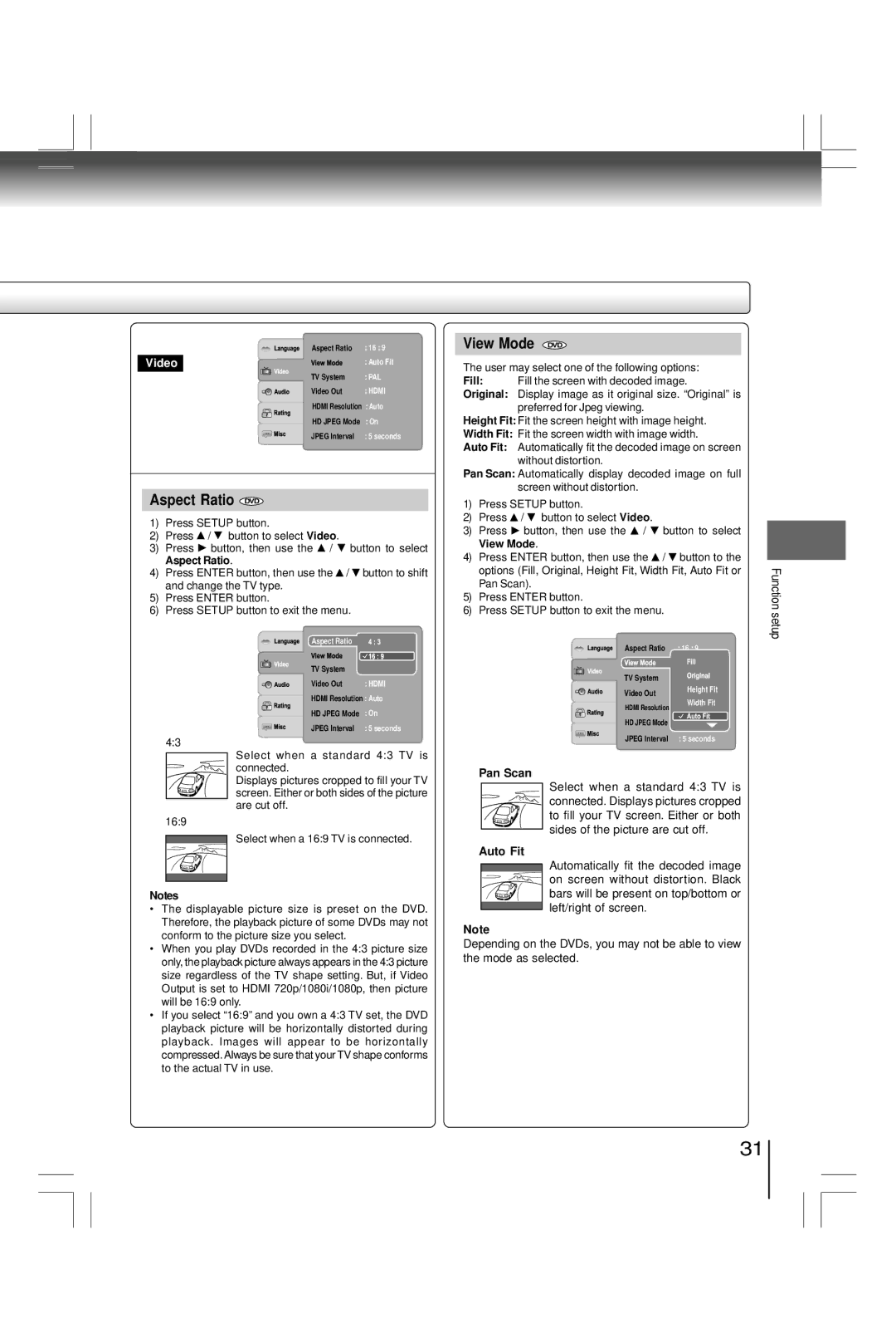 Toshiba SD800KY manual Aspect Ratio DVD, View Mode DVD, Pan Scan, Auto Fit 