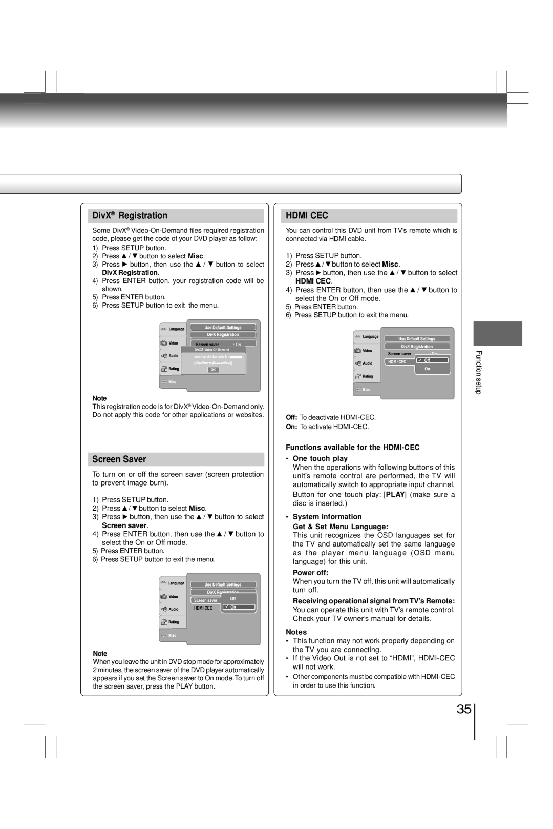 Toshiba SD800KY manual DivX Registration, Screen Saver 