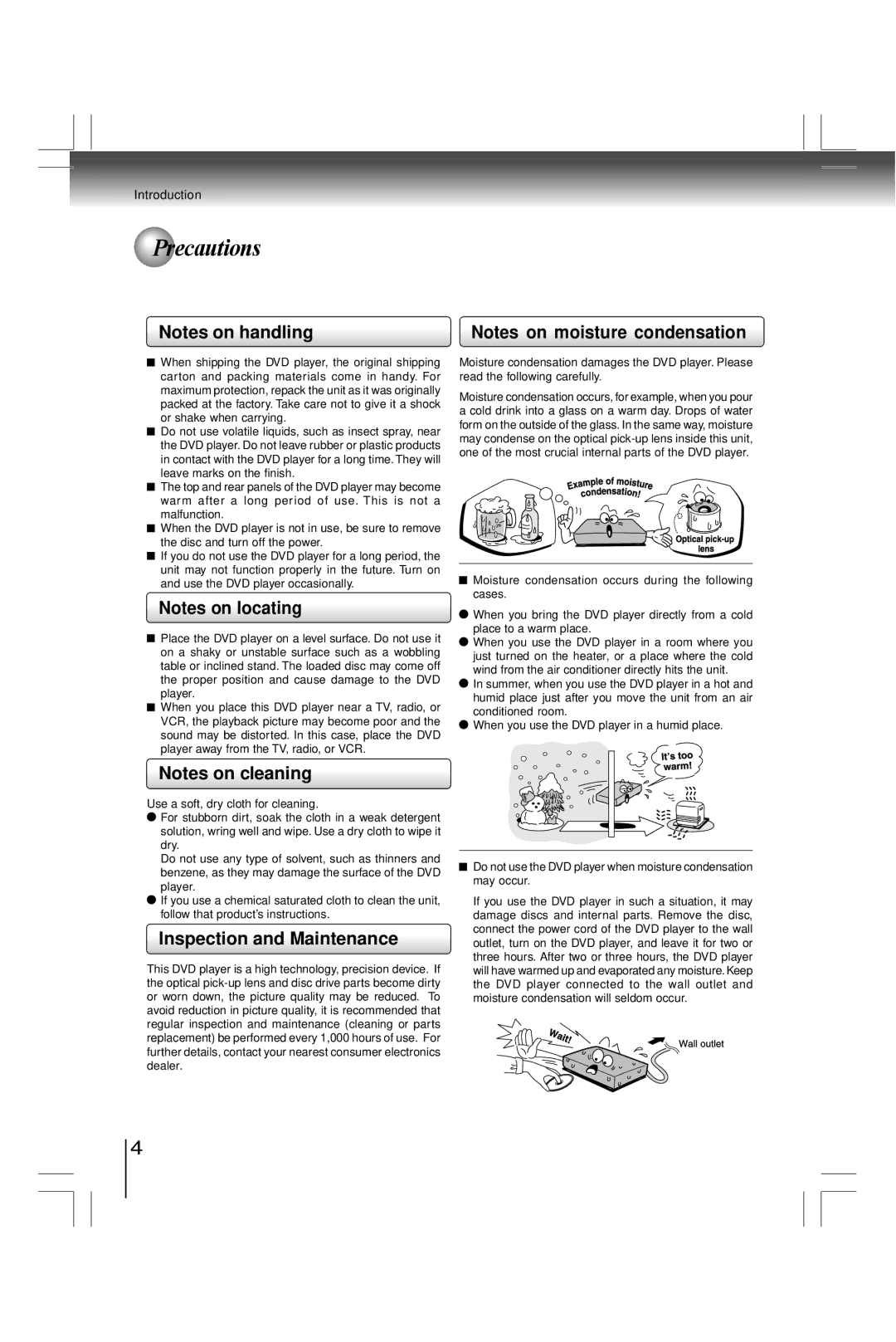 Toshiba SD800KY manual Precautions, Inspection and Maintenance 