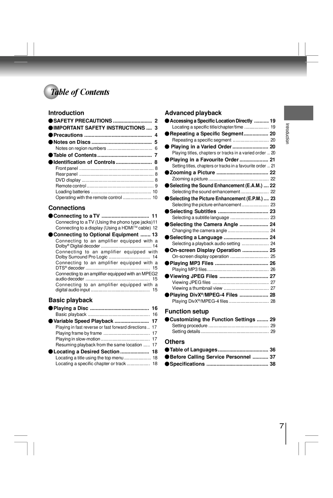 Toshiba SD800KY manual Table of Contents 