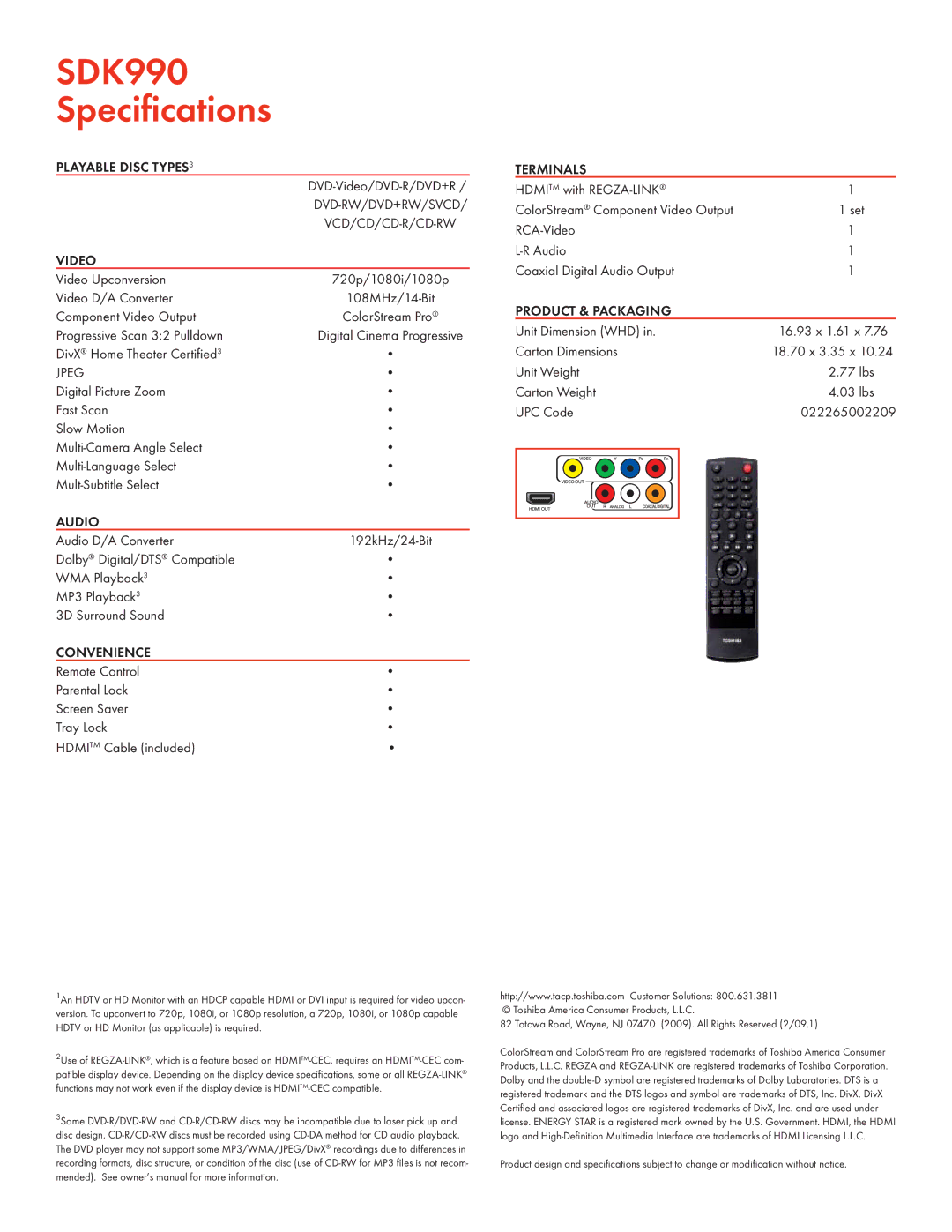 Toshiba manual SDK990 Speciﬁcations 