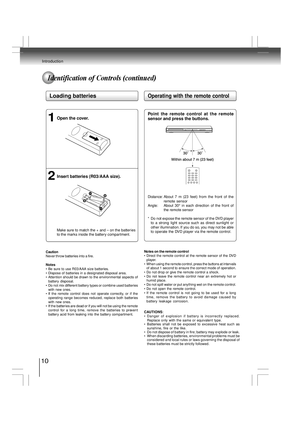 Toshiba SDK990KU manual Loading batteries, Operating with the remote control, Open the cover Insert batteries R03/AAA size 