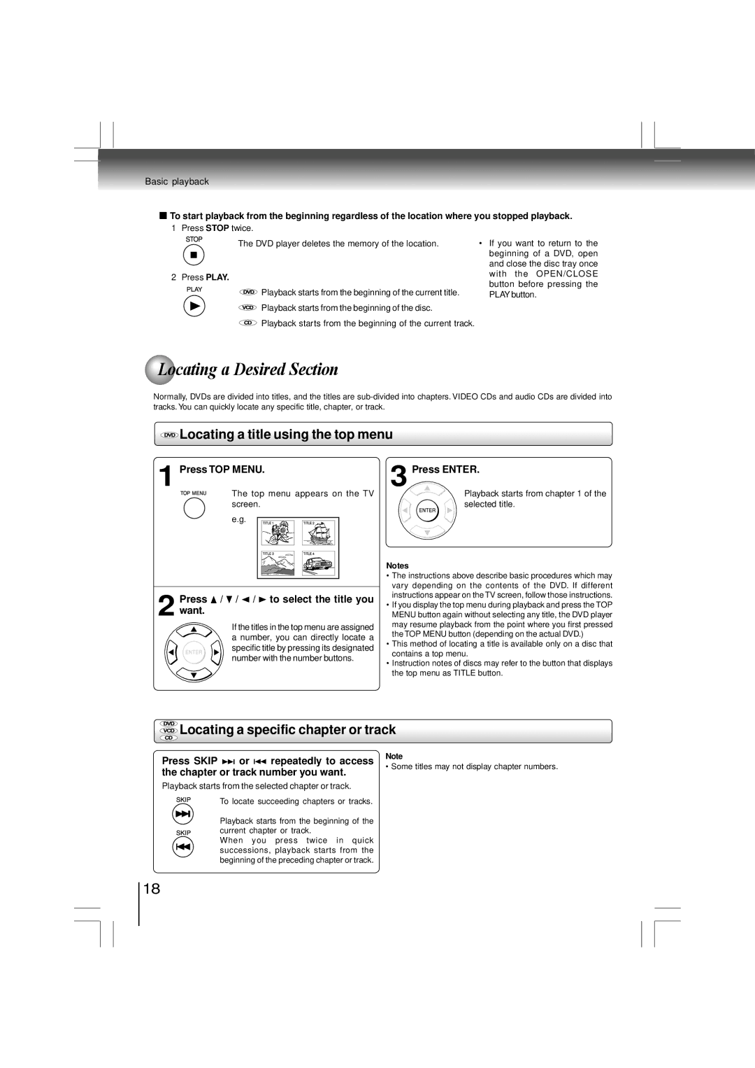 Toshiba SDK990KU Locating a Desired Section, Locating a title using the top menu, Locating a specific chapter or track 