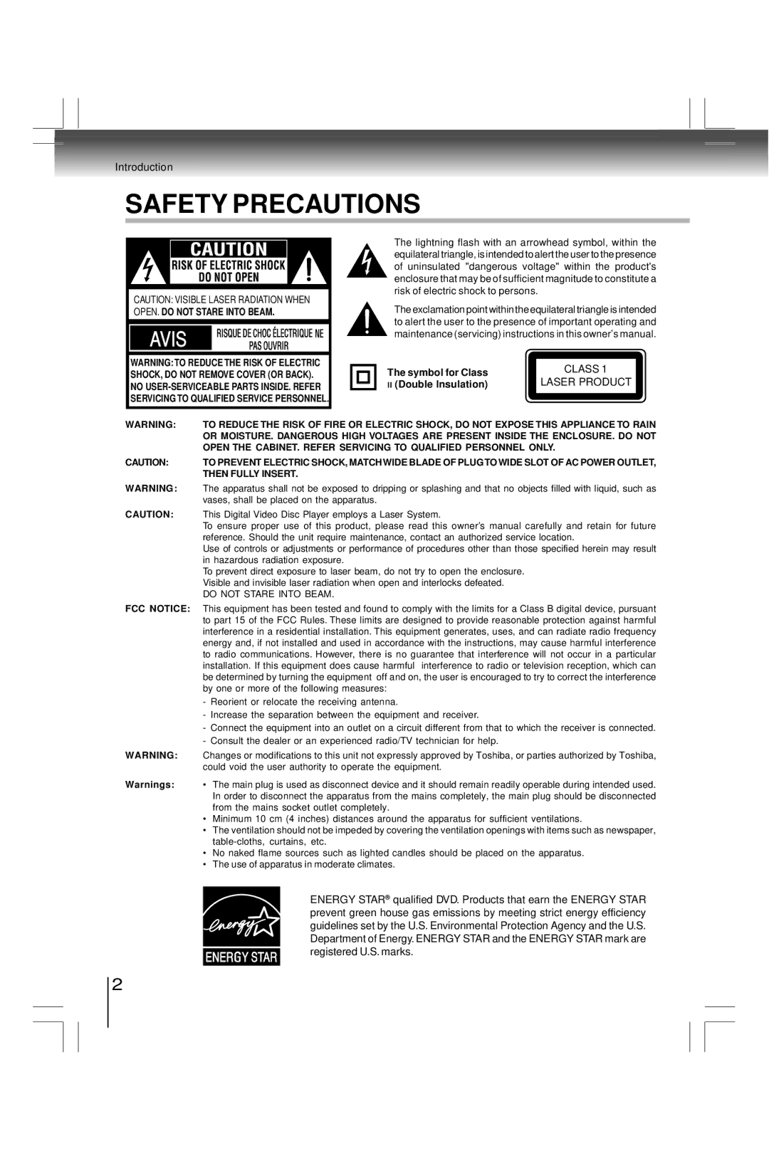 Toshiba SDK990KU, SD7200KU manual Introduction, Symbol for Class, Double lnsulation 