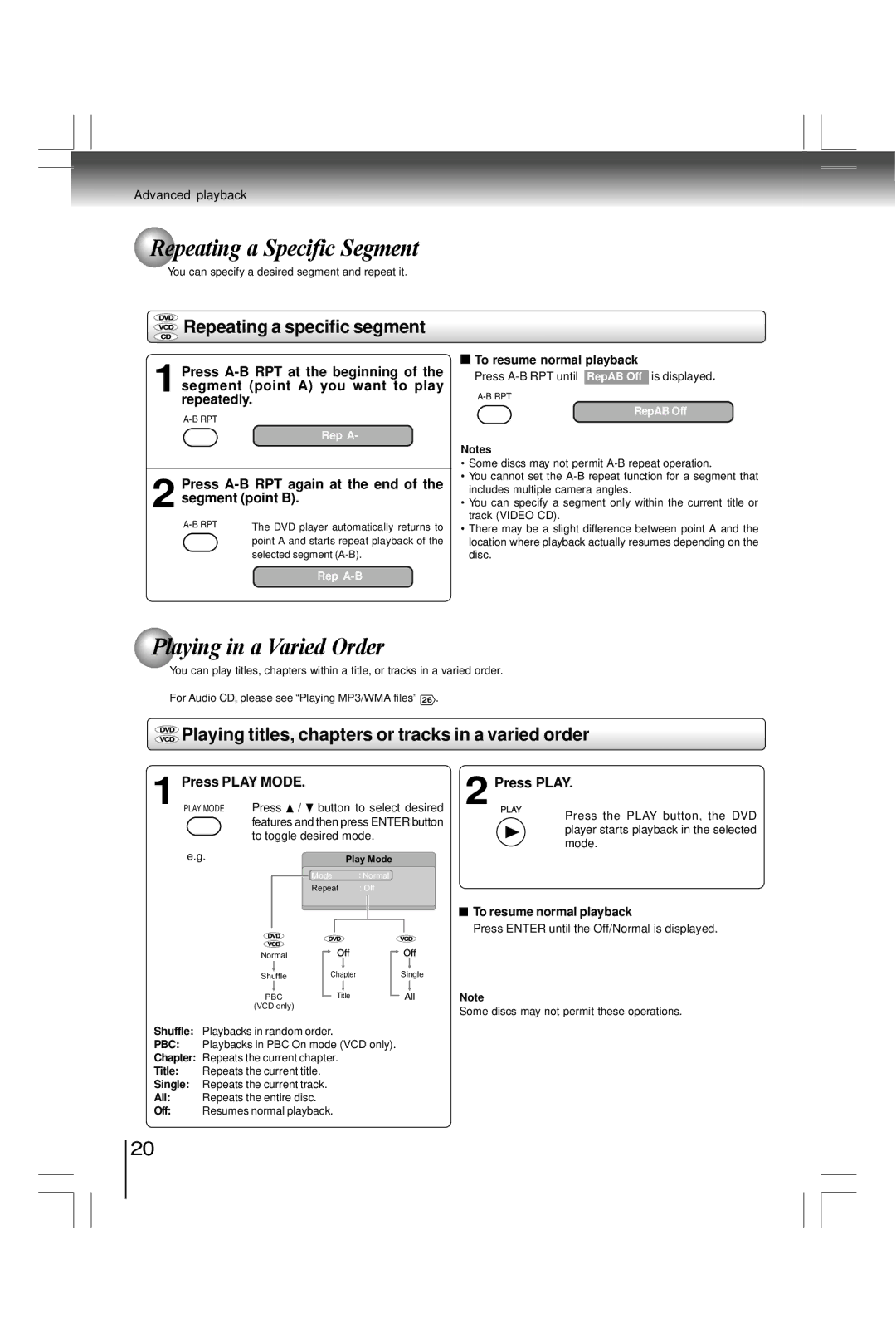 Toshiba SDK990KU, SD7200KU manual Playing in a Varied Order, Repeating a specific segment, Press Play Mode 