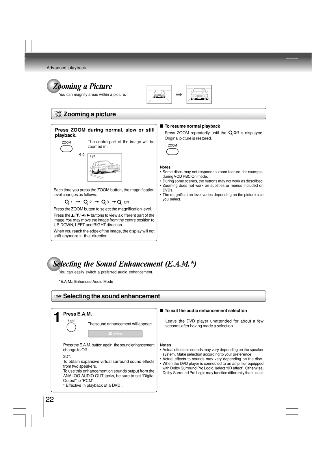 Toshiba SDK990KU, SD7200KU manual Zooming a Picture, Selecting the Sound Enhancement E.A.M, Zooming a picture 