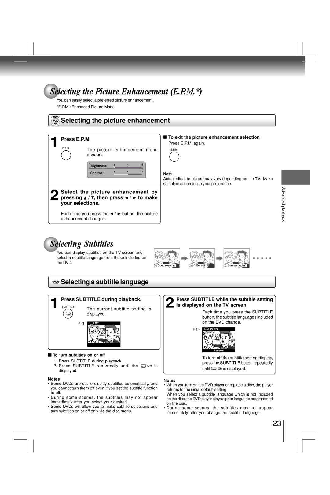 Toshiba SD7200KU, SDK990KU Selecting the Picture Enhancement E.P.M, Selecting Subtitles, Selecting the picture enhancement 