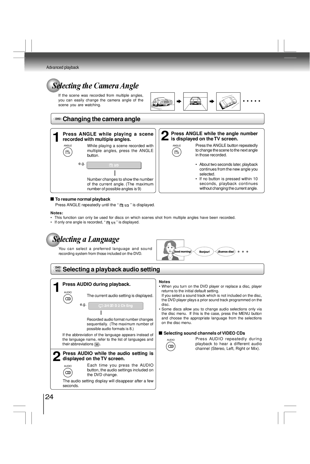 Toshiba SDK990KU, SD7200KU manual Selecting the Camera Angle, Selecting a Language, Changing the camera angle 