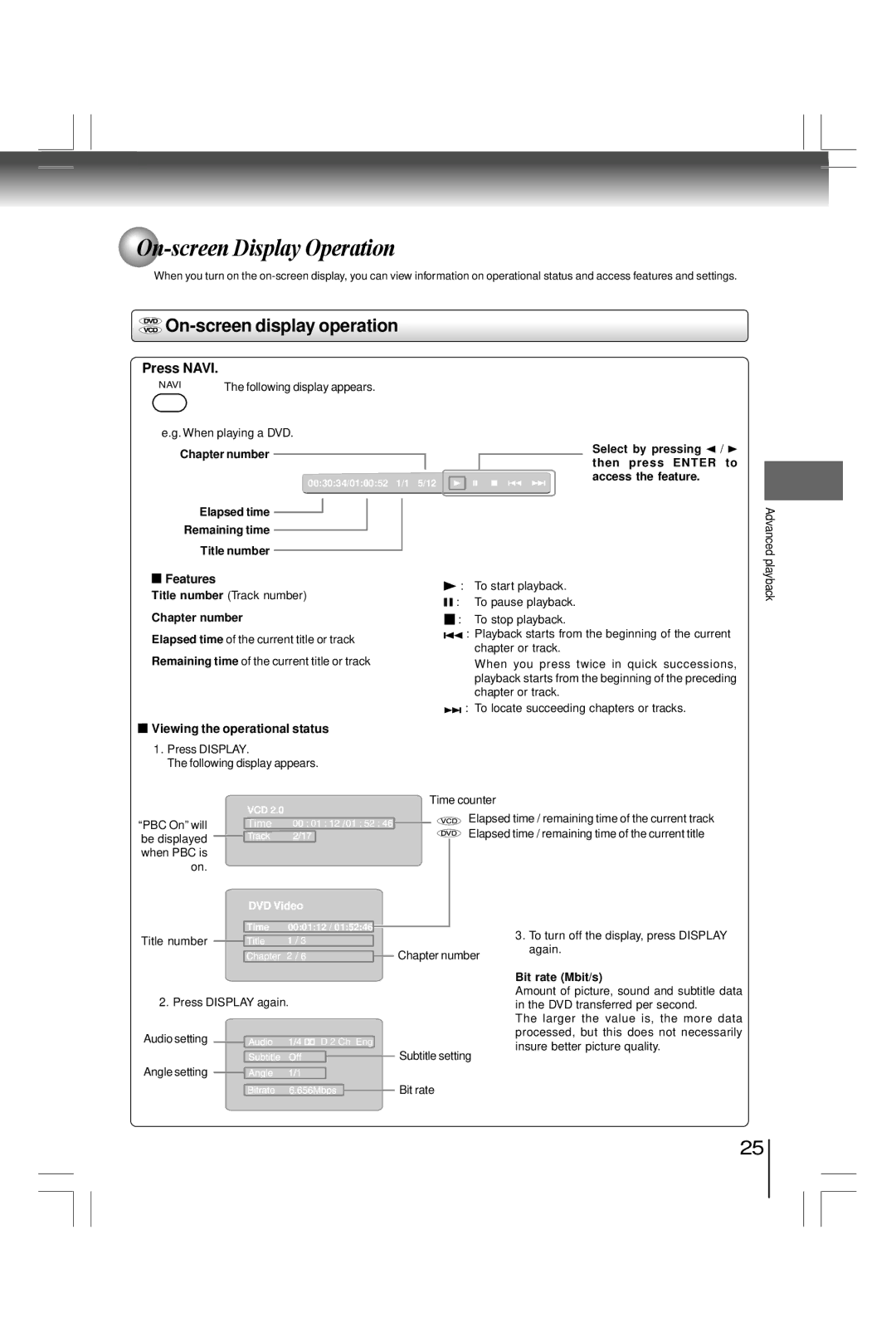 Toshiba SD7200KU, SDK990KU manual On-screen Display Operation, On-screen display operation, Press Navi 