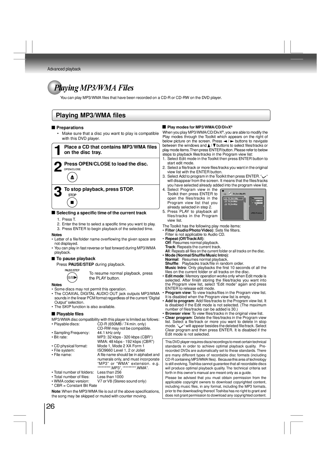 Toshiba SDK990KU, SD7200KU manual Playing MP3/WMA Files, Playing MP3/WMA files 