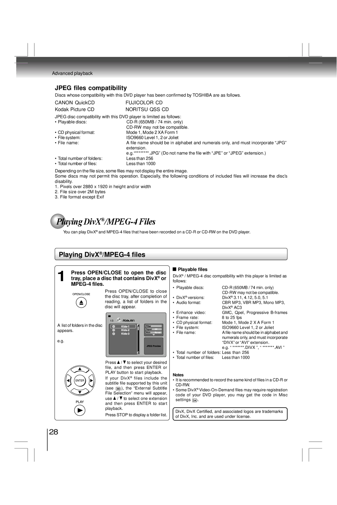 Toshiba SDK990KU, SD7200KU manual Playing DivX/MPEG-4 Files, Playing DivX /MPEG-4 files 