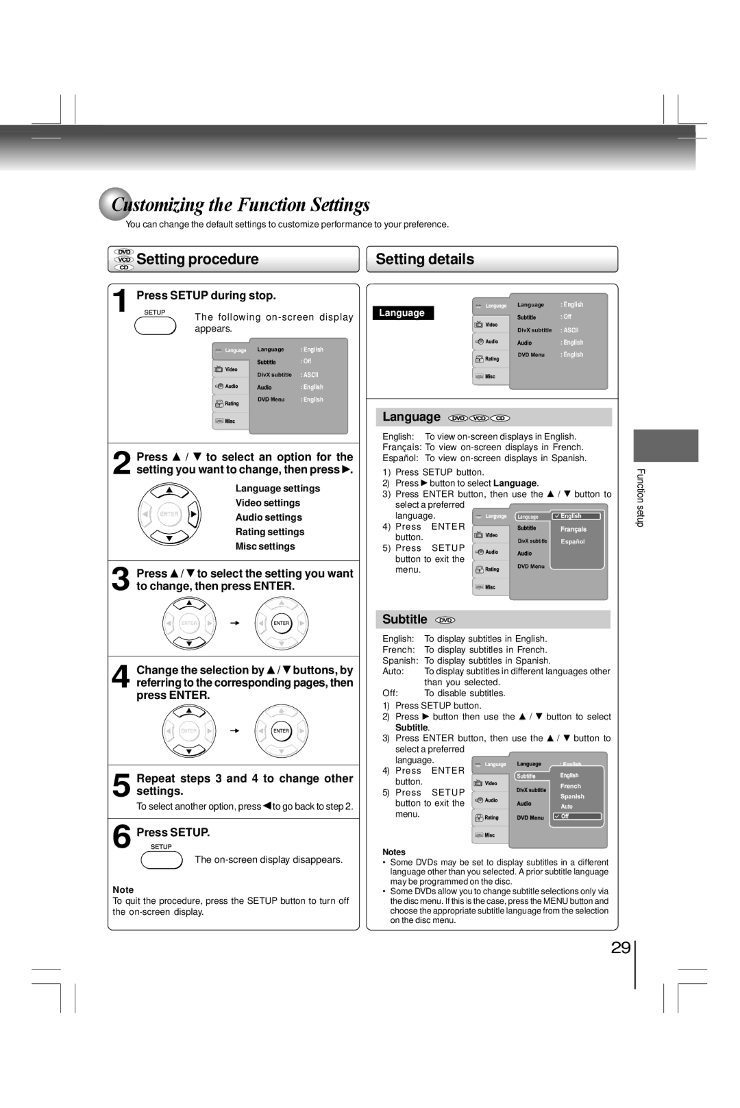 Toshiba SD7200KU, SDK990KU Customizing the Function Settings, Setting procedure, Setting details, Language, Subtitle DVD 