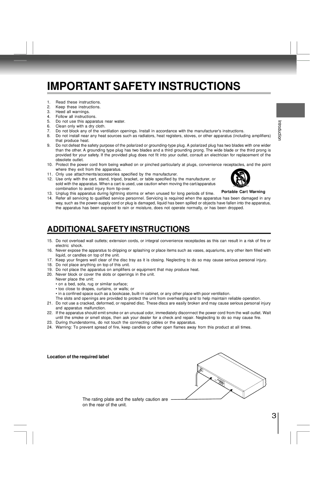 Toshiba SD7200KU, SDK990KU manual Important Safety Instructions, Location of the required label 