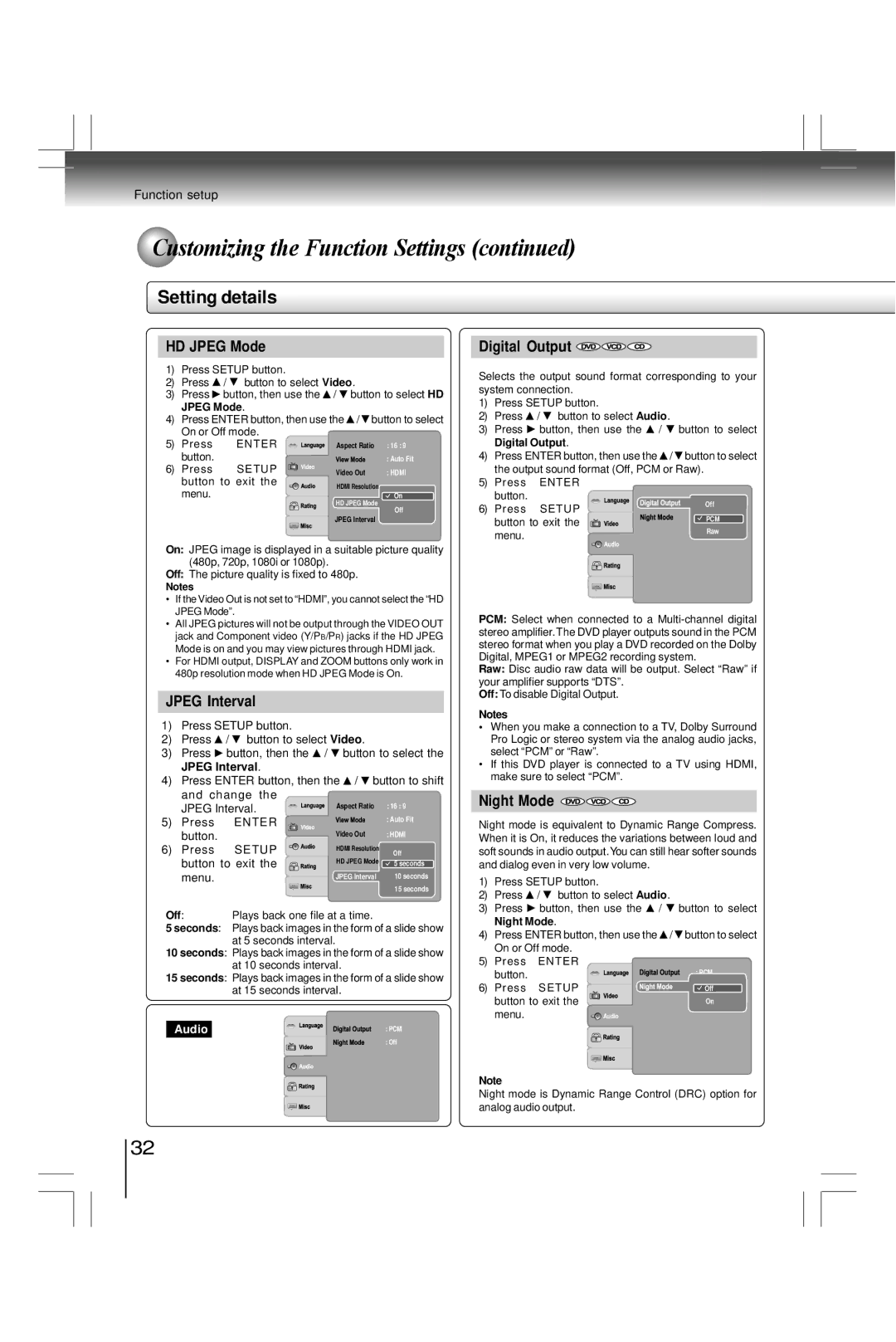 Toshiba SDK990KU, SD7200KU manual HD Jpeg Mode, Jpeg Interval, Digital Output, Night Mode 