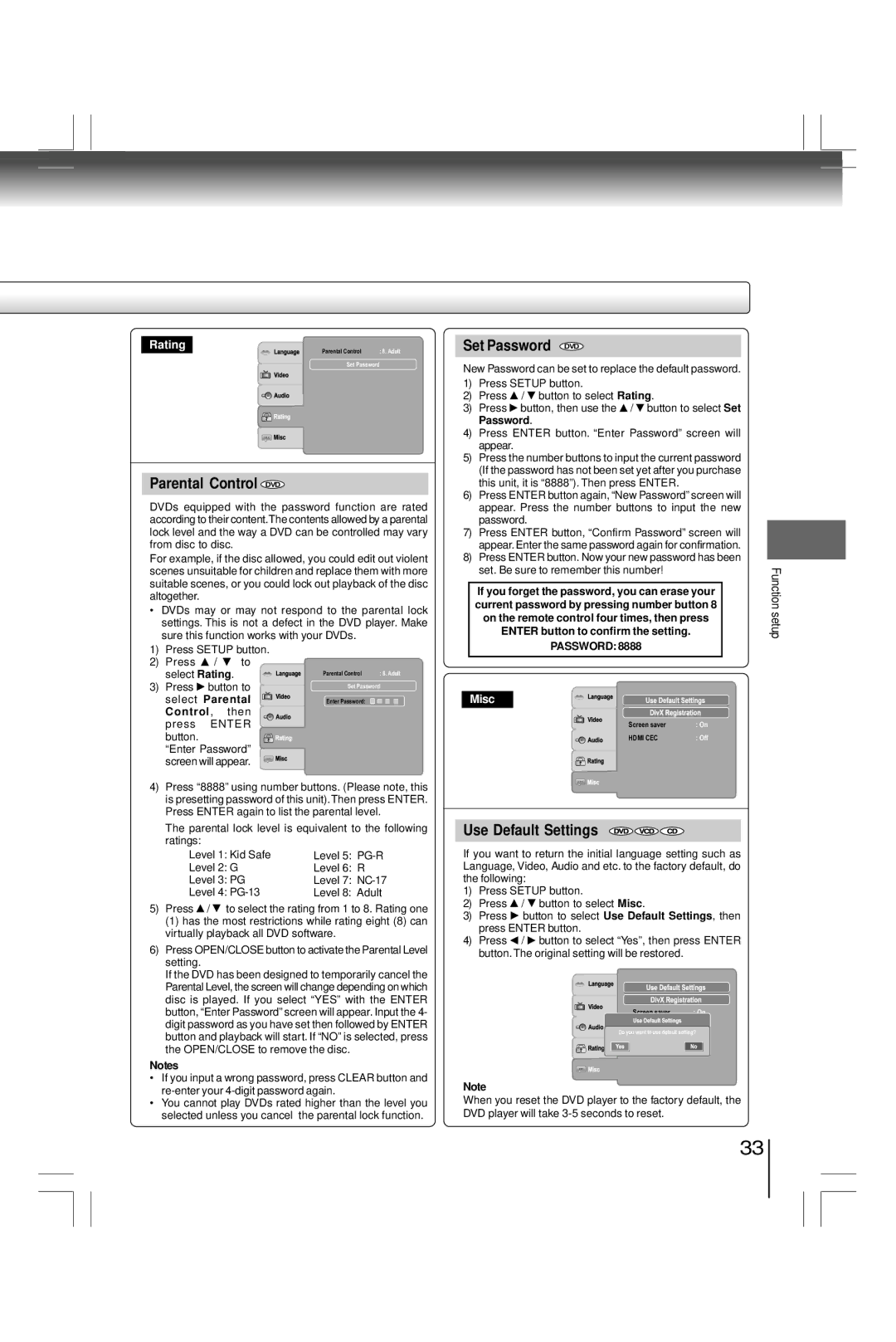 Toshiba SD7200KU, SDK990KU manual Parental Control DVD, Set Password DVD, Use Default Settings, Function, Setup 