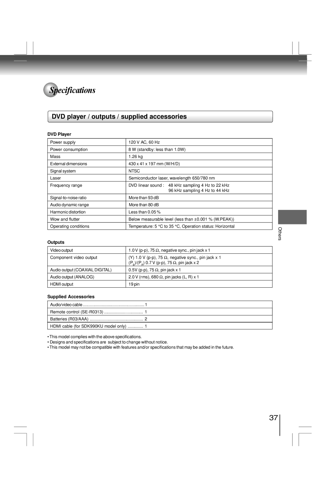 Toshiba SD7200KU Specifications, DVD player / outputs / supplied accessories, DVD Player, Outputs, Supplied Accessories 