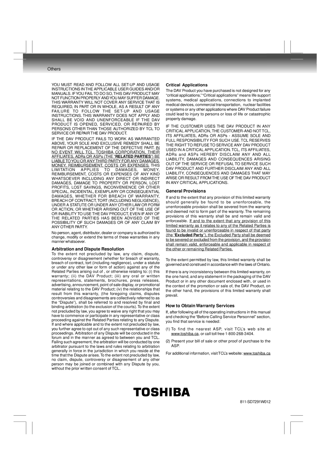 Toshiba SDK990KU, SD7200KU manual Arbitration and Dispute Resolution, Critical Applications, General Provisions 