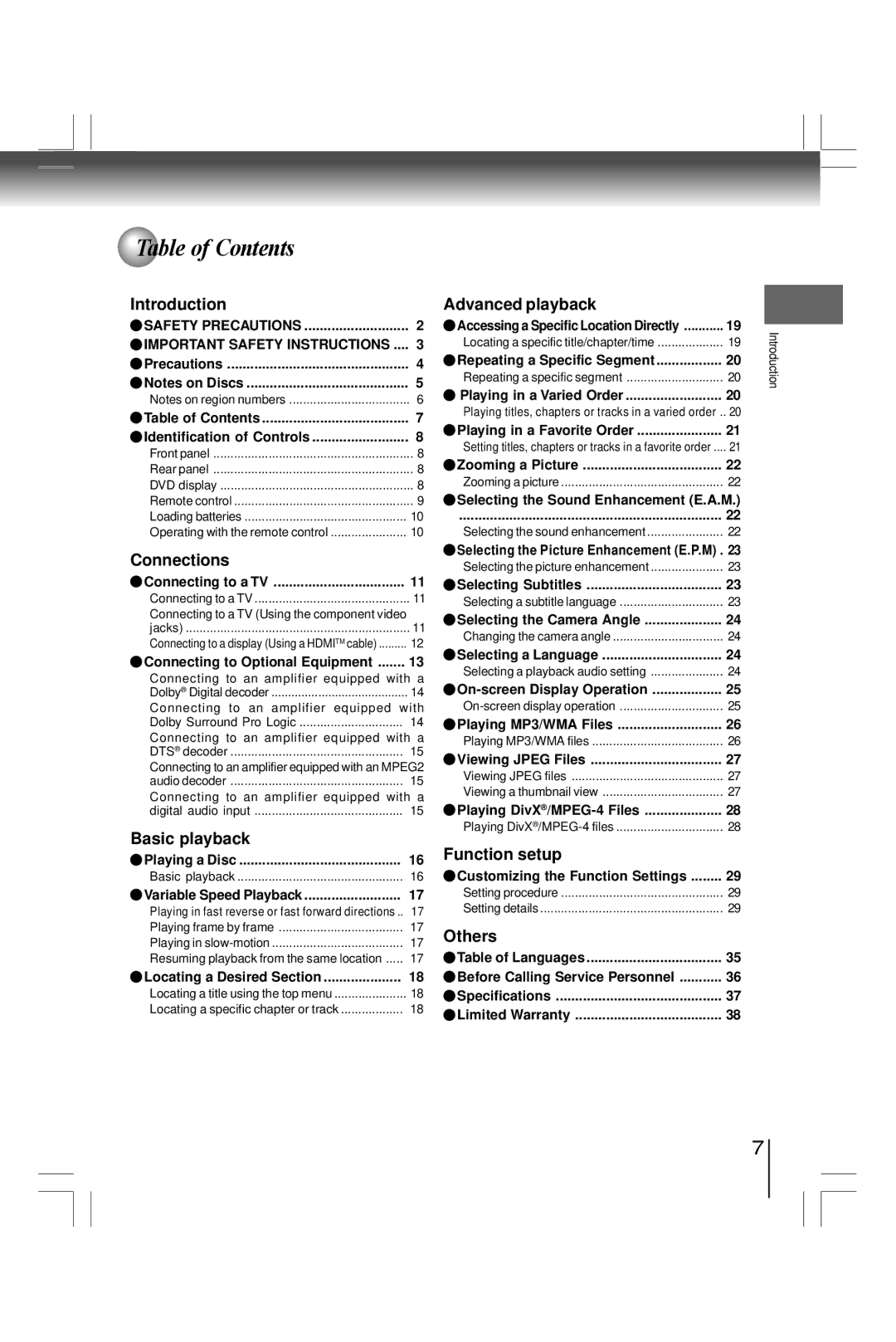 Toshiba SD7200KU, SDK990KU manual Table of Contents 