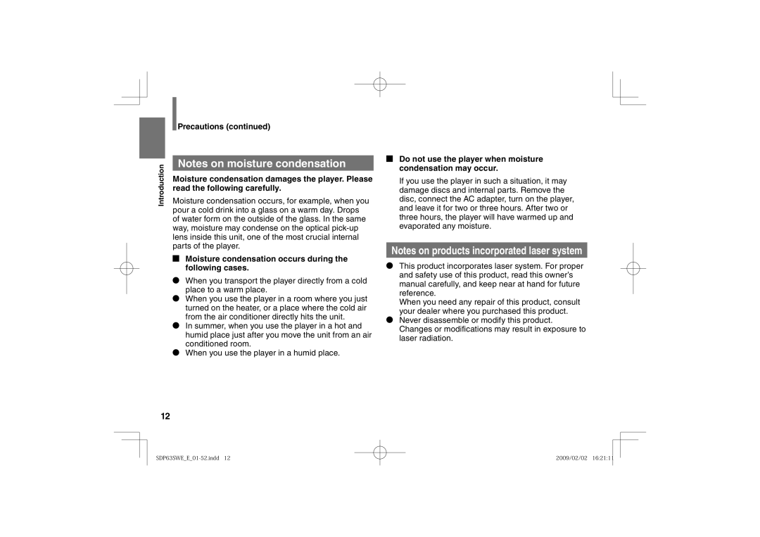 Toshiba SDP63SWE owner manual Moisture condensation occurs during the following cases 