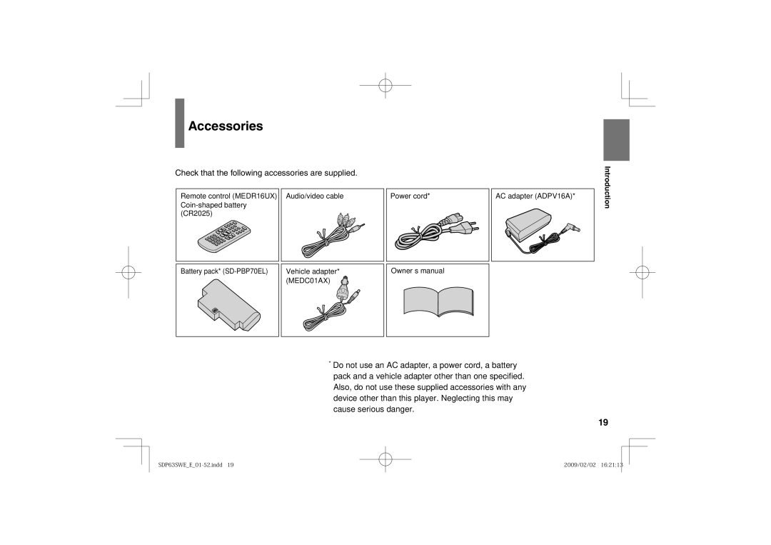 Toshiba SDP63SWE owner manual Accessories, Check that the following accessories are supplied 