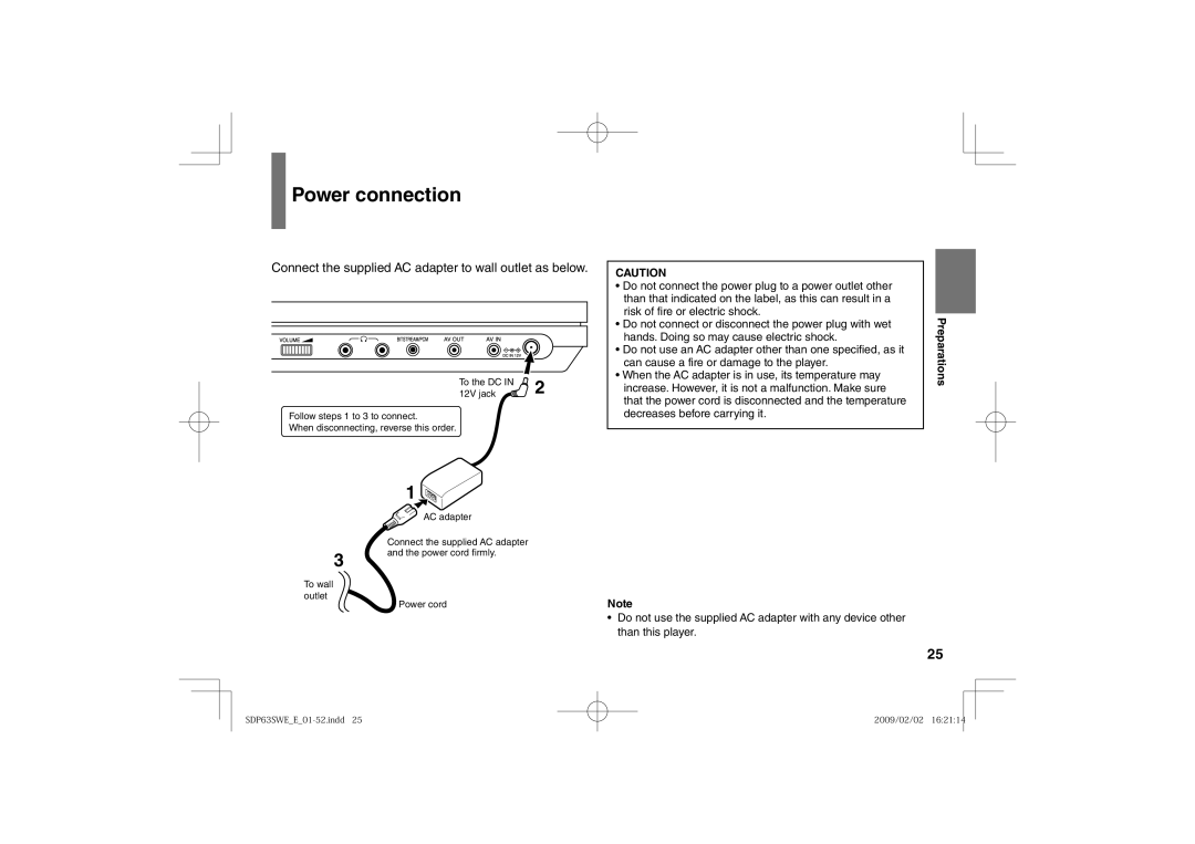 Toshiba SDP63SWE owner manual Power connection, Connect the supplied AC adapter to wall outlet as below 