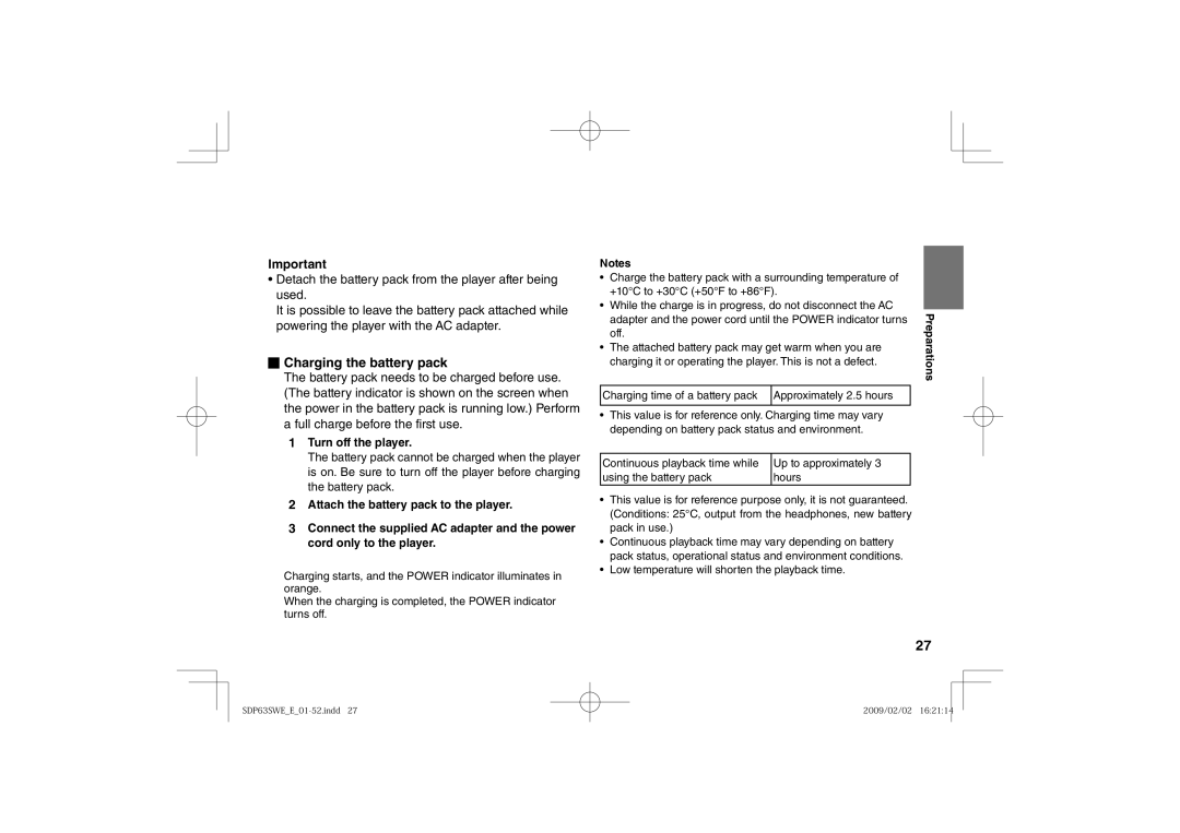 Toshiba SDP63SWE owner manual Charging the battery pack, Off, Charging time of a battery pack Approximately 2.5 hours 