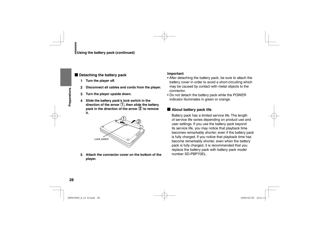 Toshiba SDP63SWE owner manual Detaching the battery pack, About battery pack life 